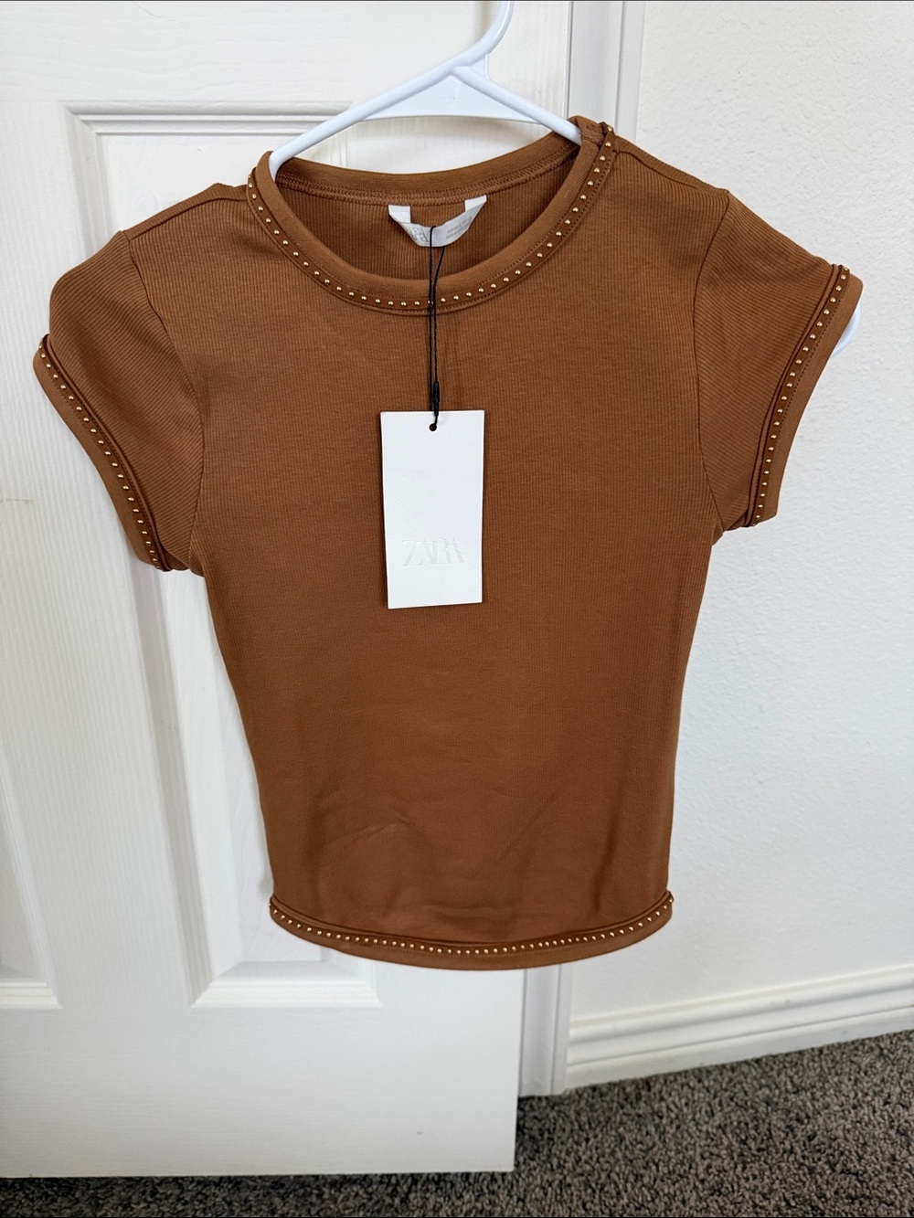 Zara Rust Brown Stud-Trim Crop Top